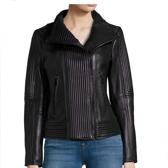 Vince Camuto Black Genuine Lambskin Quilted Leather Moto Jacket Size Large